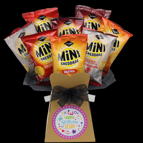 Mini Cheddars Happy Birthday Snack Bouquet - Pink - chocoholicbouquet