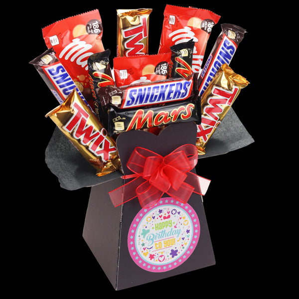 Mars Favourites Happy Birthday Chocolate Bouquet - Pink - chocoholicbouquet